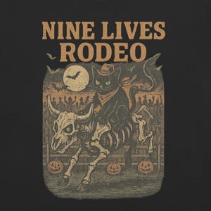 Nine Lives Rodeo Halloween Shirt | Comfort Colors 1717 | Black Cat Skeleton Bull Riding Tee | Vintage Western Spooky Cowboy T-Shirt
