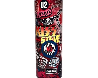 May include: A red and black stainless steel travel mug featuring logos of various bands such as Kiss, U2, Blondie, and Led Zeppelin. The mug has a silver lid and is designed for hot or cold drinks.