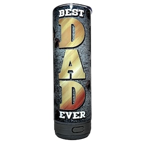 May include: A black and silver insulated tumbler with the words "BEST DAD EVER" in gold lettering. The tumbler has a black base and a black lid. The design has a textured, distressed appearance.