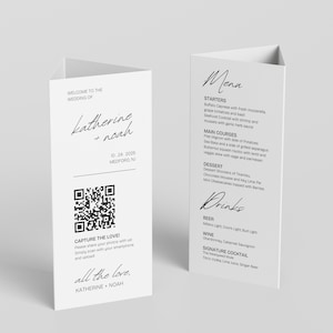 Modello di numero del tavolo e menu per matrimonio a tre ante - Design Canva modificabile, segnaletica per ricevimento stampabile, condivisione di foto con codice QR