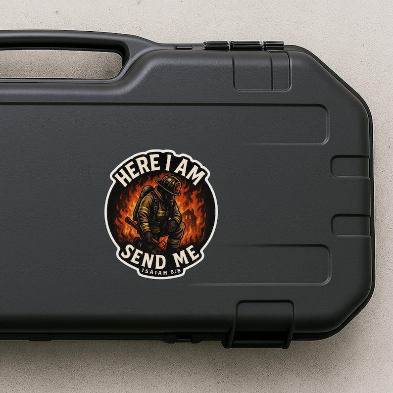 Die cut sticker of firefighter kneeling in front of flames holding axe with words “Here I Am Send Me” and “Isaiah 6:8” in bold lettering.