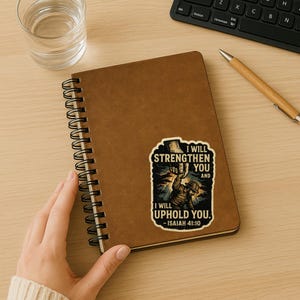 Distressed-style sticker featuring a man in work gear being lifted by a divine hand with the text “I will strengthen you and I will uphold you – Isaiah 41:10” set against a stormy background with rays of light