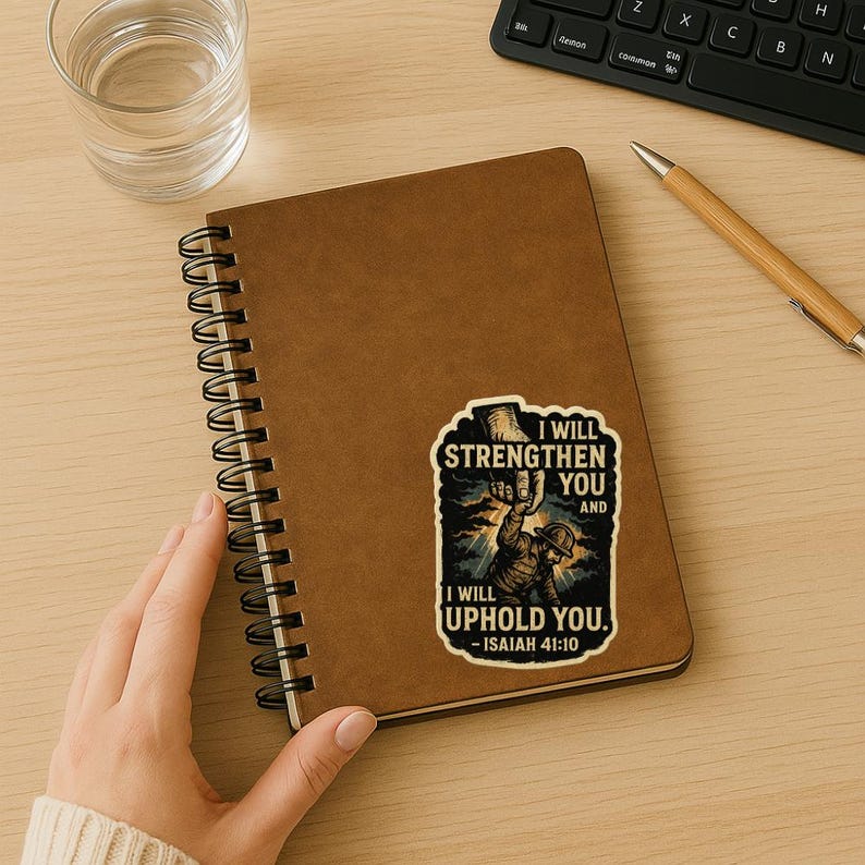 Distressed-style sticker featuring a man in work gear being lifted by a divine hand with the text “I will strengthen you and I will uphold you – Isaiah 41:10” set against a stormy background with rays of light