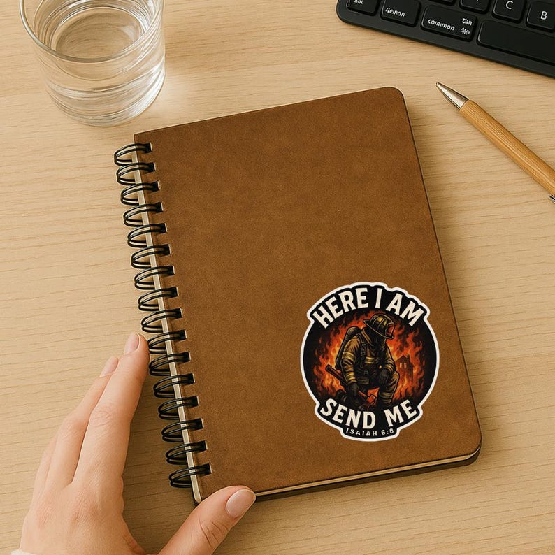Die cut sticker of firefighter kneeling in front of flames holding axe with words “Here I Am Send Me” and “Isaiah 6:8” in bold lettering.