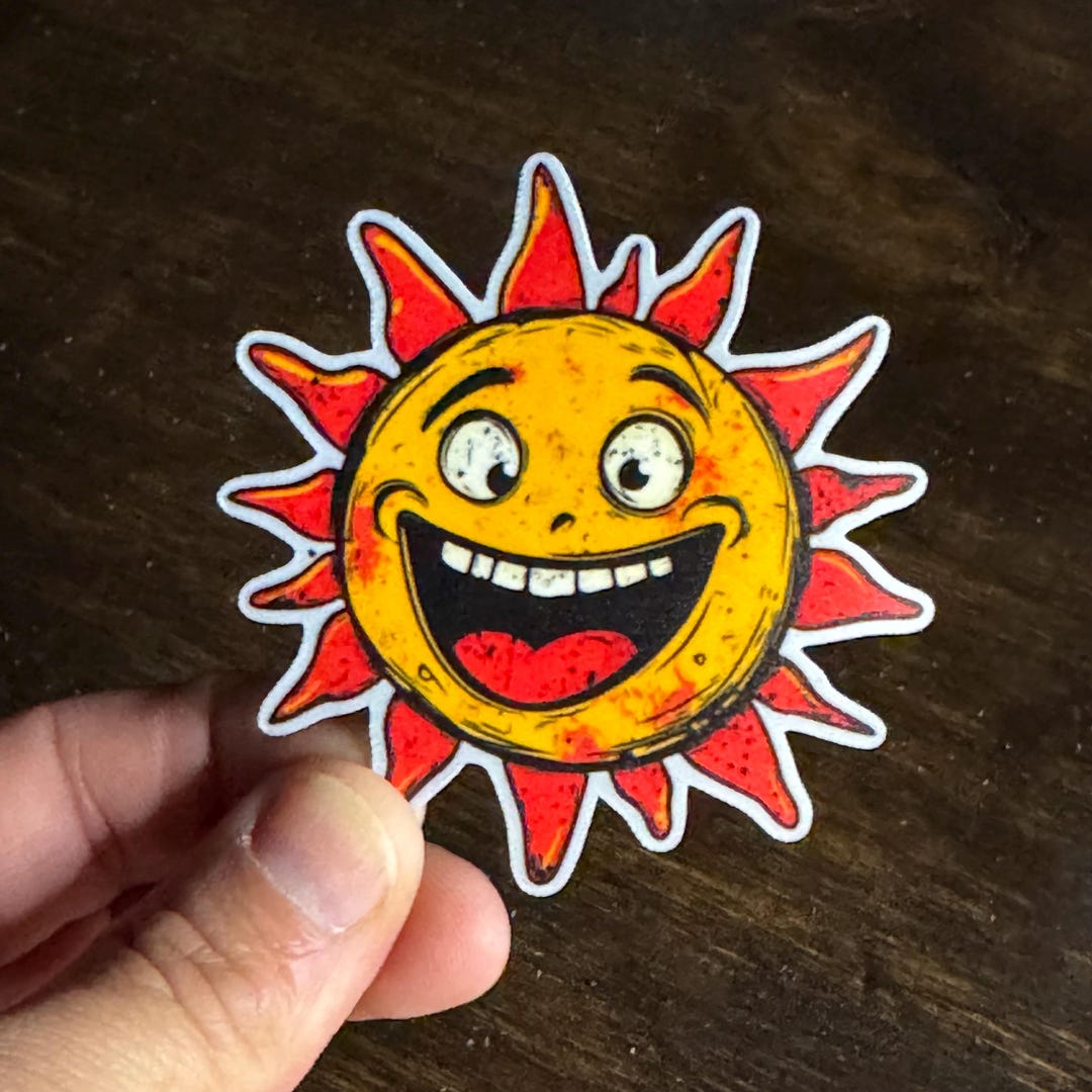 Sun Face Fun Sticker Funny Sun Sticker - Grunge Weatherproof Vinyl Decal, Retro Sun Face ...