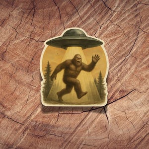 Bigfoot UFO Abduction Sticker Funny Cryptid Die Cut Vinyl Decal for Water Bottles Laptops Journals Paranormal Alien Forest Scene