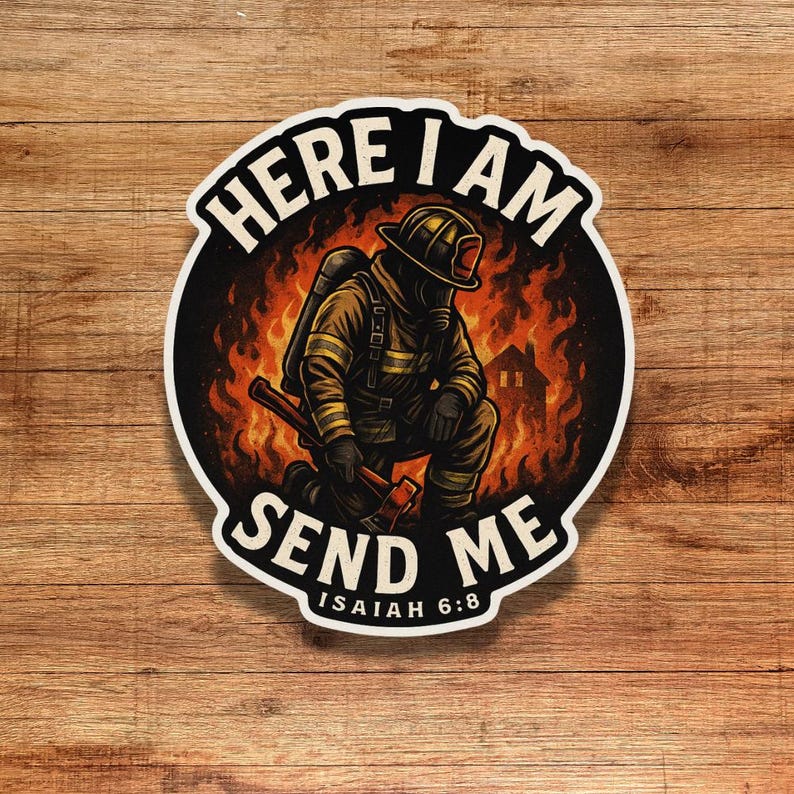 Die cut sticker of firefighter kneeling in front of flames holding axe with words “Here I Am Send Me” and “Isaiah 6:8” in bold lettering.