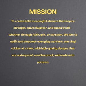 A collection of five dark grey Etsy shop graphics with bold yellow text, each providing essential info: sticker application instructions, product features (waterproof, scratch-resistant, etc.), return policy, shipping info with upgrade options, and a mission statement about creating bold, meaningful stickers with purpose and grit. Icons and clean layouts enhance readability across all slides.