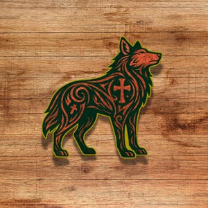 May include: A stylized illustration of a wolf with intricate patterns and crosses. The wolf is outlined in green and filled with orange and red.