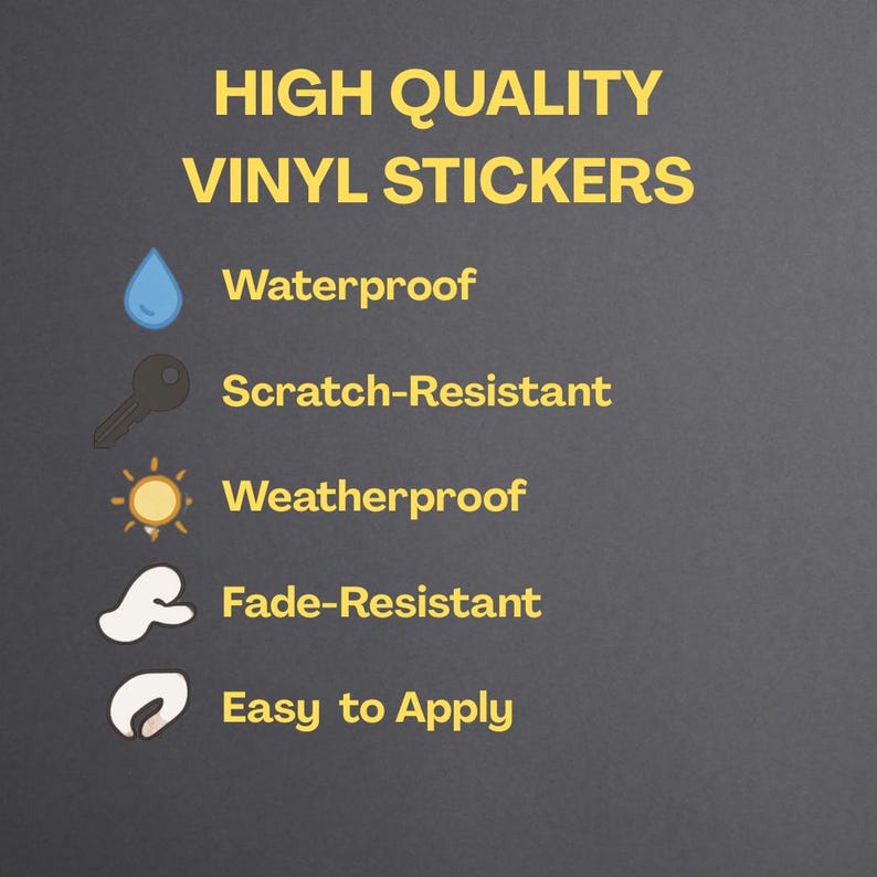 A collection of five dark grey Etsy shop graphics with bold yellow text, each providing essential info: sticker application instructions, product features (waterproof, scratch-resistant, etc.), return policy, shipping info with upgrade options, and a mission statement about creating bold, meaningful stickers with purpose and grit. Icons and clean layouts enhance readability across all slides.