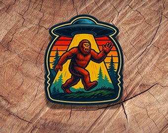 Sasquatch UFO Abduction Sticker: Retro Bigfoot Alien Vinyl Decal