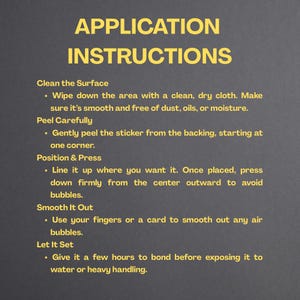 A collection of five dark grey Etsy shop graphics with bold yellow text, each providing essential info: sticker application instructions, product features (waterproof, scratch-resistant, etc.), return policy, shipping info with upgrade options, and a mission statement about creating bold, meaningful stickers with purpose and grit. Icons and clean layouts enhance readability across all slides.