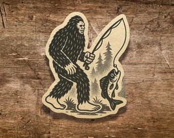Bigfoot Fishing Sticker Sasquatch Catching Bass Vinyl Decal for Tackle Box Cooler Bottle Outdoorsman Gift Hiking Fishing Adventure
