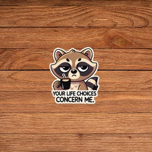 May include: A cartoon raccoon with a concerned expression holds a cup of coffee and says "Your life choices concern me."