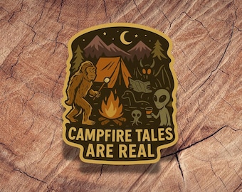 Cryptid Campfire Sticker: Bigfoot, Alien, Mothman - Waterproof Vinyl Decal