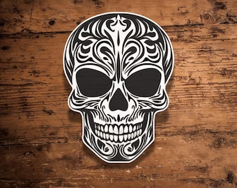 Tribal Skull Sticker: Black and White Tattoo Style Vinyl Decal