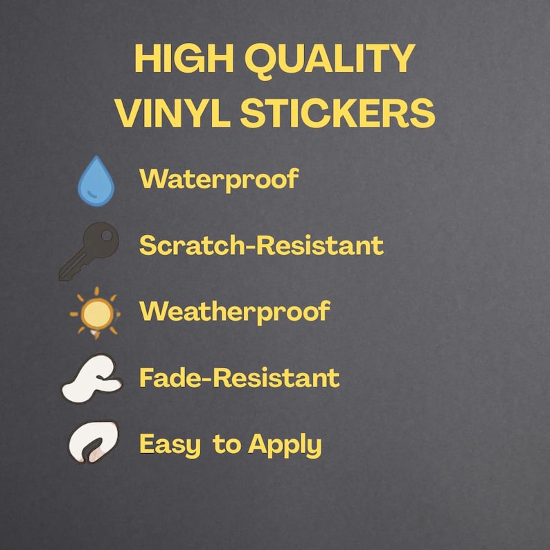 A promotional graphic with icons and yellow text on a dark background, highlighting sticker features: waterproof, scratch-resistant, weatherproof, fade-resistant, and easy to apply.