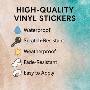 May include: High-quality vinyl stickers with a blue water drop icon, a key icon, a sun icon, a cloud icon, and a hand icon. The text reads "Waterproof", "Scratch-Resistant", "Weatherproof", "Fade-Resistant", and "Easy to Apply".