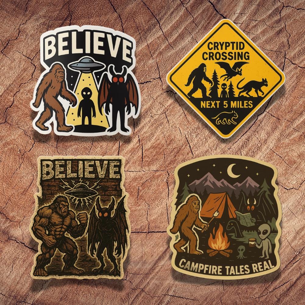 Cryptid Sticker Bundle – Bigfoot, Alien, Mothman, UFO, Paranormal Die Cut Vinyl Pack – Conspiracy Camping Cryptozoology Stickers