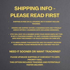 A dark gray background with yellow text explaining shipping details. It notes free untracked shipping, processing time, and guidance for customers who need tracking or faster delivery.