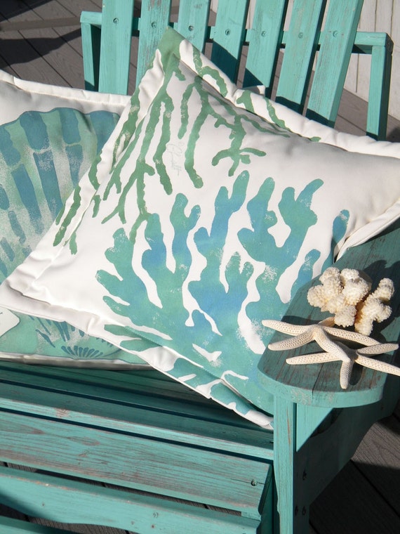Outdoor pillow TWO CORALS 20 50cm painted green blue Etsy