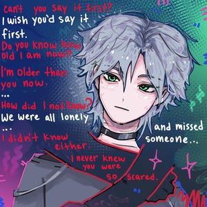 Könnte beinhalten: Digitale Illustration einer Person mit grauem Haar und grünen Augen, die einen schwarzen Halsband und ein dunkelgraues Oberteil trägt. Das Bild enthält Text in Rot und Weiß, mit einem farbenfrohen Hintergrund und einer rosa Hand.