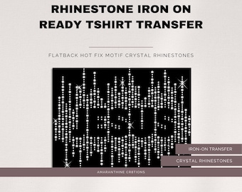 May include: A black and white iron-on transfer featuring the words "FAITH JESUS" in rhinestones. The transfer is ready to be applied to a t-shirt. The transfer is made with flatback hot fix motif crystal rhinestones.