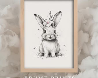Vintage Easter Bunny Sketch Print, Minimalist Rabbit Drawing Printable Wall Art, Neutral Woodland Nursery Decor, Botanical Digital Download