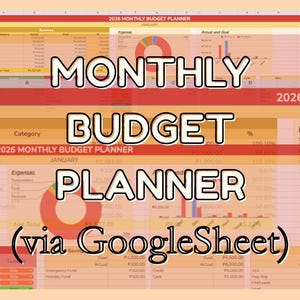 May include: A digital monthly budget planner template, designed for use with Google Sheets. The image features a spreadsheet layout with sections for income, expenses, and savings, with charts and graphs. The text "MONTHLY BUDGET PLANNER" is prominently displayed.