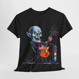 Rockin' Skull Tee - Odważna koszulka z grafiką dla muzyków, kostium na Halloween, styl uliczny, prezent dla miłośników muzyki, odzież festiwalowa