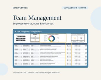 May include: A digital Google Sheets template titled Team Management for employee records, notes, and follow-ups. The interface displays a dashboard with a donut chart, task distribution metrics, and a detailed table of employee data.