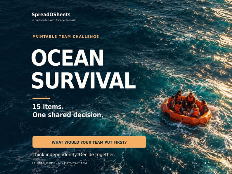 Ocean Survival printable team challenge cover featuring an orange life raft at sea.