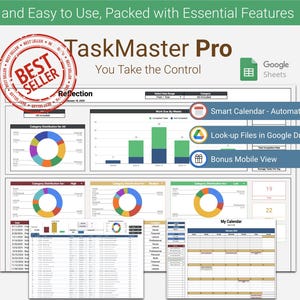 Könnte beinhalten: Digitales Dashboard mit dem Text "TaskMaster Pro" und "You Take the Control". Das Bild enthält Diagramme und einen Kalender mit Funktionen wie einem intelligenten Kalender, Dateisuche und mobiler Ansicht. Ein "Best Seller"-Stempel ist sichtbar.