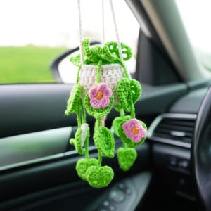 Handknitted Pink Flowers Crochet Car Hanger, Faux Hanging Plant, Car Crochet Hanging Plant, Car Mirror Hanger, Rearview Mirror Accessories