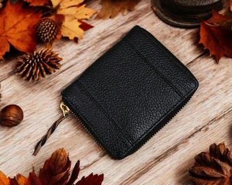 Cartera con cremallera, Cartera de cuero, Cartera con cremallera para hombres, Cartera de cuero con cremallera, Cartera con ventana para identificación, Cartera de cuero negra unisex