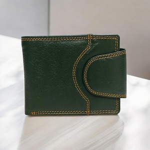 Carteira de couro verde para homens, carteira RFID dobrável, carteira porta-cartões com porta-moedas, carteira de grife masculina, presente para padrinhos, presente de aniversário