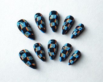 Trippy press on nails, custom, reusable, durable, trippy, waves, checkered, lines, fun, trendy, optical illusion
