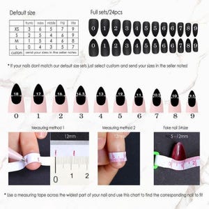 May include: A guide for selecting false nail sizes, featuring a chart with nail sizes, measurements in millimeters, and a visual representation of nail shapes. Includes instructions for measuring nails.