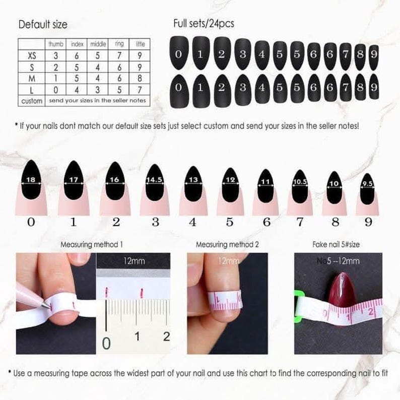 May include: A guide for selecting false nail sizes, featuring a chart with nail sizes, measurements in millimeters, and a visual representation of nail shapes. Includes instructions for measuring nails.