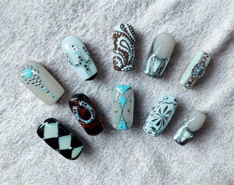 Cowboy Up press on nails, nails, custom, reusable, durable, handpainted, jewels, turquoise, paisley, western, chrome, cactus, checkered