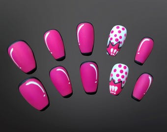 Pop press on nails, nails, custom, durable, resusable, pink, white, wow, comic, fun