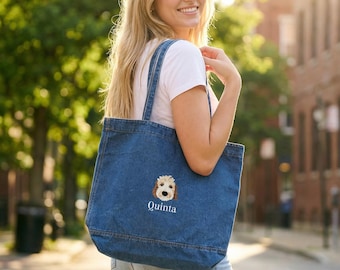 Bolsa de tela vaquera con retrato de mascota bordado personalizado, recuerdo conmemorativo personalizado para perro y gato