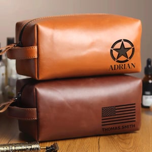Gift for Veteran, Personalized Leather Toiletry Bag, Military Graduation Gift for Men, American Flag Designs, Gift for Veteran, Soldier, Dad