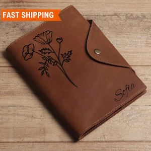 Leather Personalized Journal, Birth Flower Journal, Engraved Journal, Personalized Journal for Women, for Men, Leather Planner, a5 Notebook