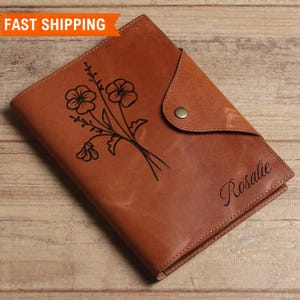 Leather Personalized Journal, Leather Notebook, Custom Engraved Journal, Refillable Leather A5 Journal, Gift for Mom, Birth Flower Journal