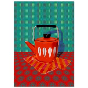 May include: A red and white teapot with a black handle and lid sits on a red and orange striped cloth. The teapot is on a red background with a green and yellow polka dot pattern.