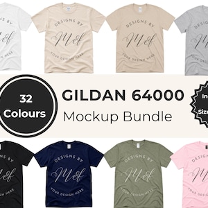 Könnte beinhalten: Ein Gildan 64000 T-Shirt-Mockup-Paket mit acht T-Shirts in verschiedenen Farben, darunter Weiß, Beige, Grau, Schwarz, Marineblau, Oliv und Rosa. Jedes T-Shirt zeigt den Text Designs By Mef Your Design Here in einem kreisförmigen Layout.