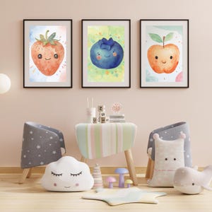 Fruit Nursery Wall Art, Cute Fruit Art Prints, Kids Playroom Wall Decor, Strawberry Blueberry Apple Printable Wall Art, Kids Room. Digital