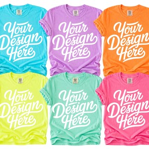 Comfort Colors 1717 Mockup Bundle Medium Shirt | Neon Violet Lemon Pink Cantaloupe Island Reef Lagoon | Bright T-Shirt Flat Lay POD