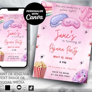 Pajama Party Birthday Invitation, Slumber Birthday Party Invitation, n Movie Night Party, Sleepover Birthday Invitation, Sleepover Invite,